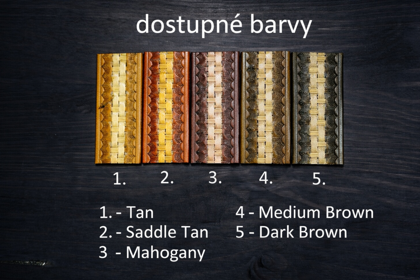 Vzorník dostupných barev koženého opasku – Tan, Saddle Tan, Mahogany, Medium Brown a Dark Brown