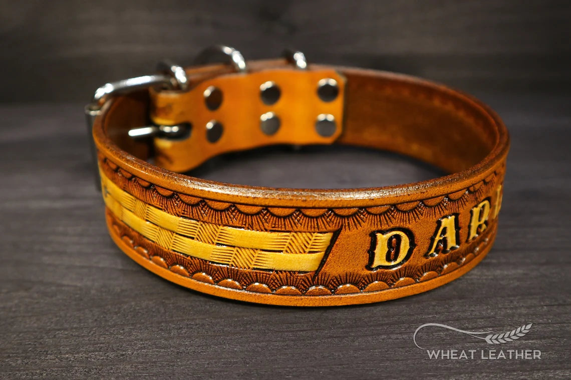 Kožený obojek pro psa s masivní kovovou přezkou, dvojitým zapínáním a širokým pevným provedením z kůže