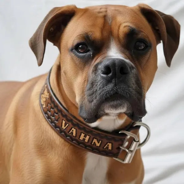 Kožený obojek pro psa na krku boxera, ruční ražba se jménem Vahna, široké a pevné kožené provedení